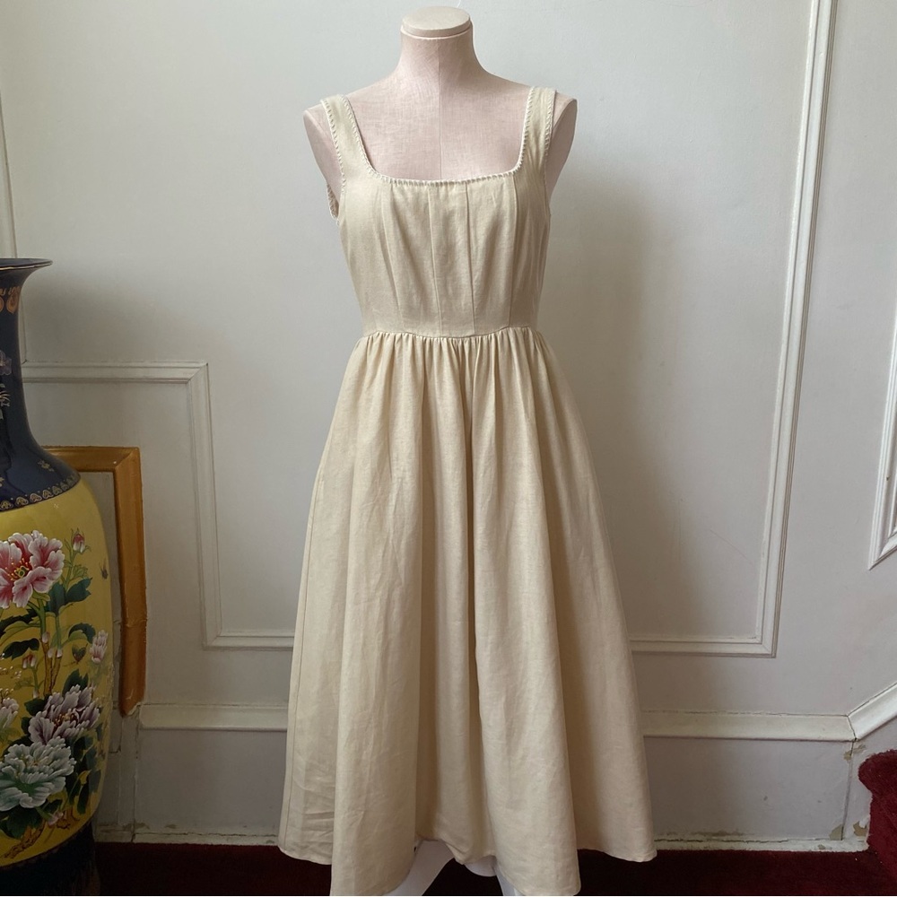 Cream Sleeveless Square-Neck Midi Dress